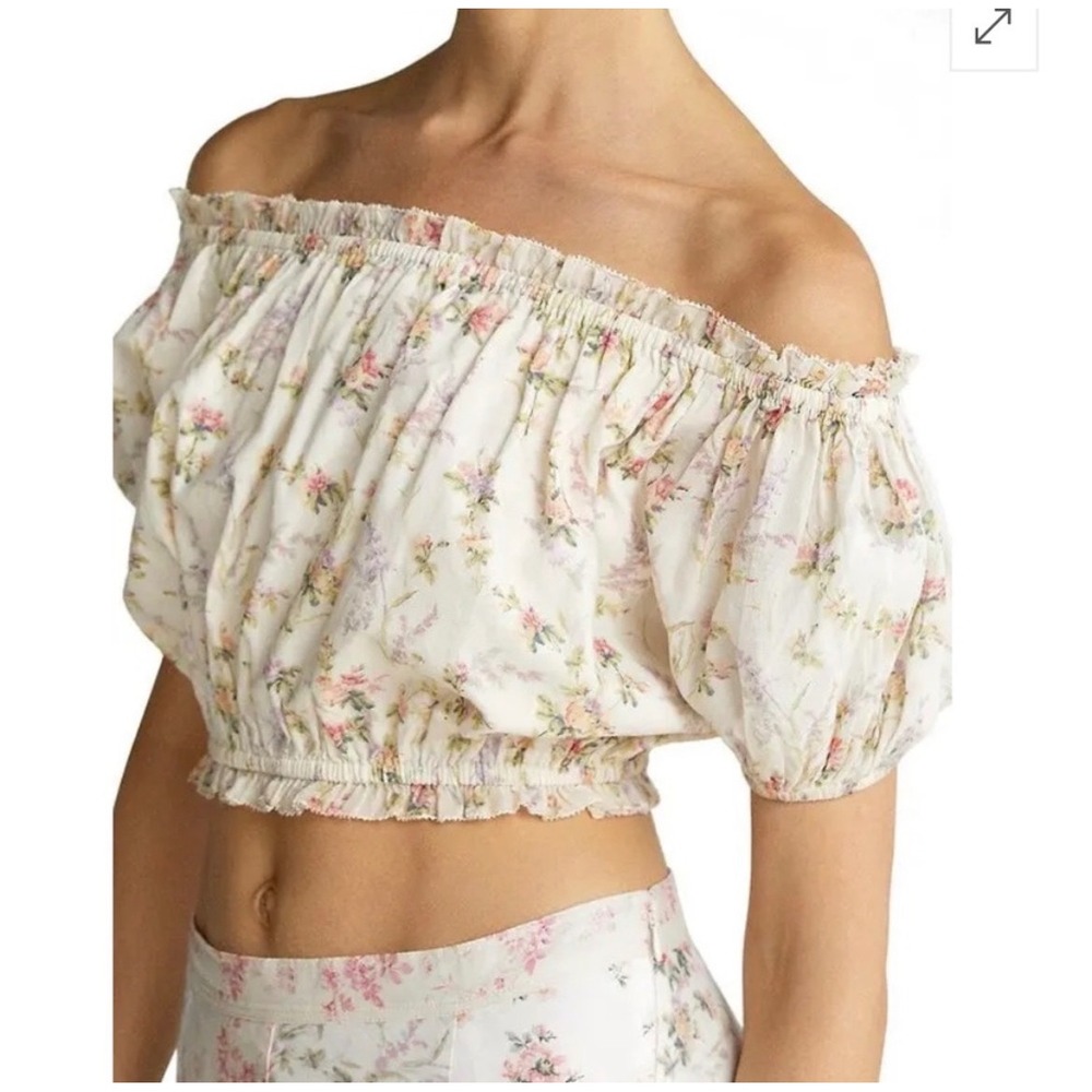 Polo Ralph Lauren Alysa Floral Crop Top Watercolor Landscape Blouse White LG